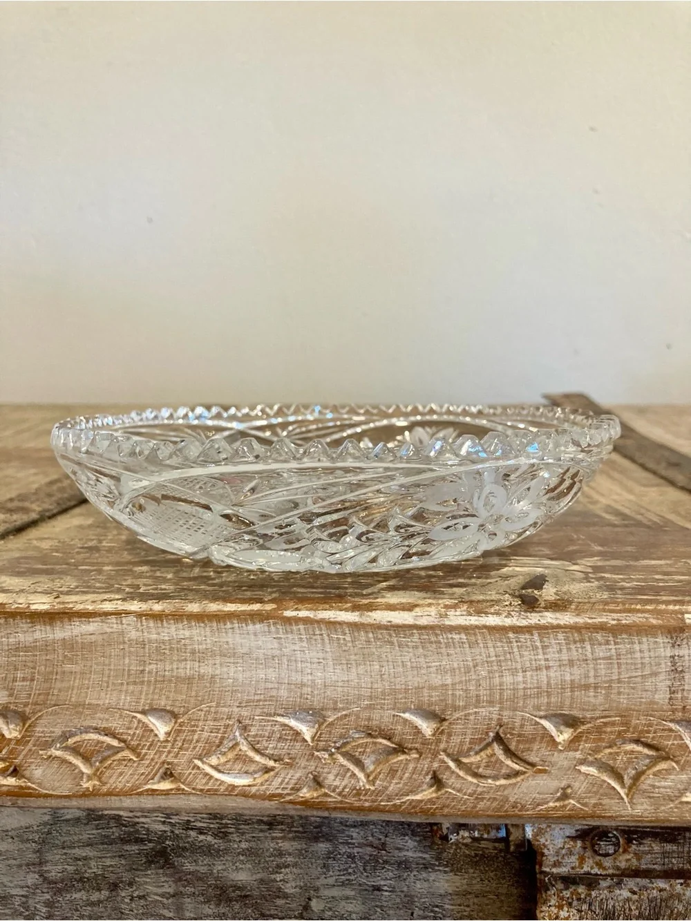 Cut Glass Floral Pattern With Sawtooth Edge 6”